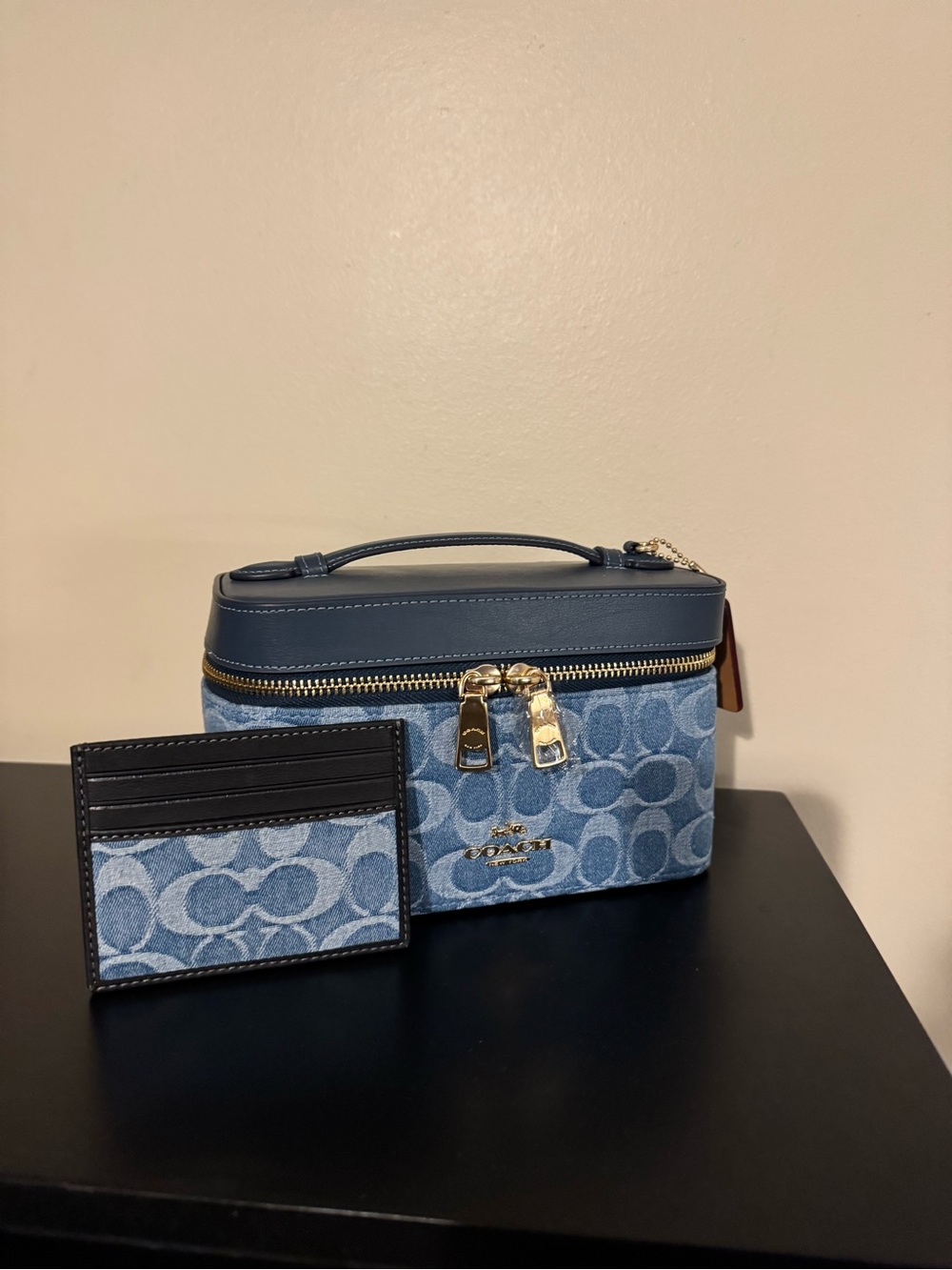 Coach Denim Signature Vanity Case with Matching Card Case in Blue